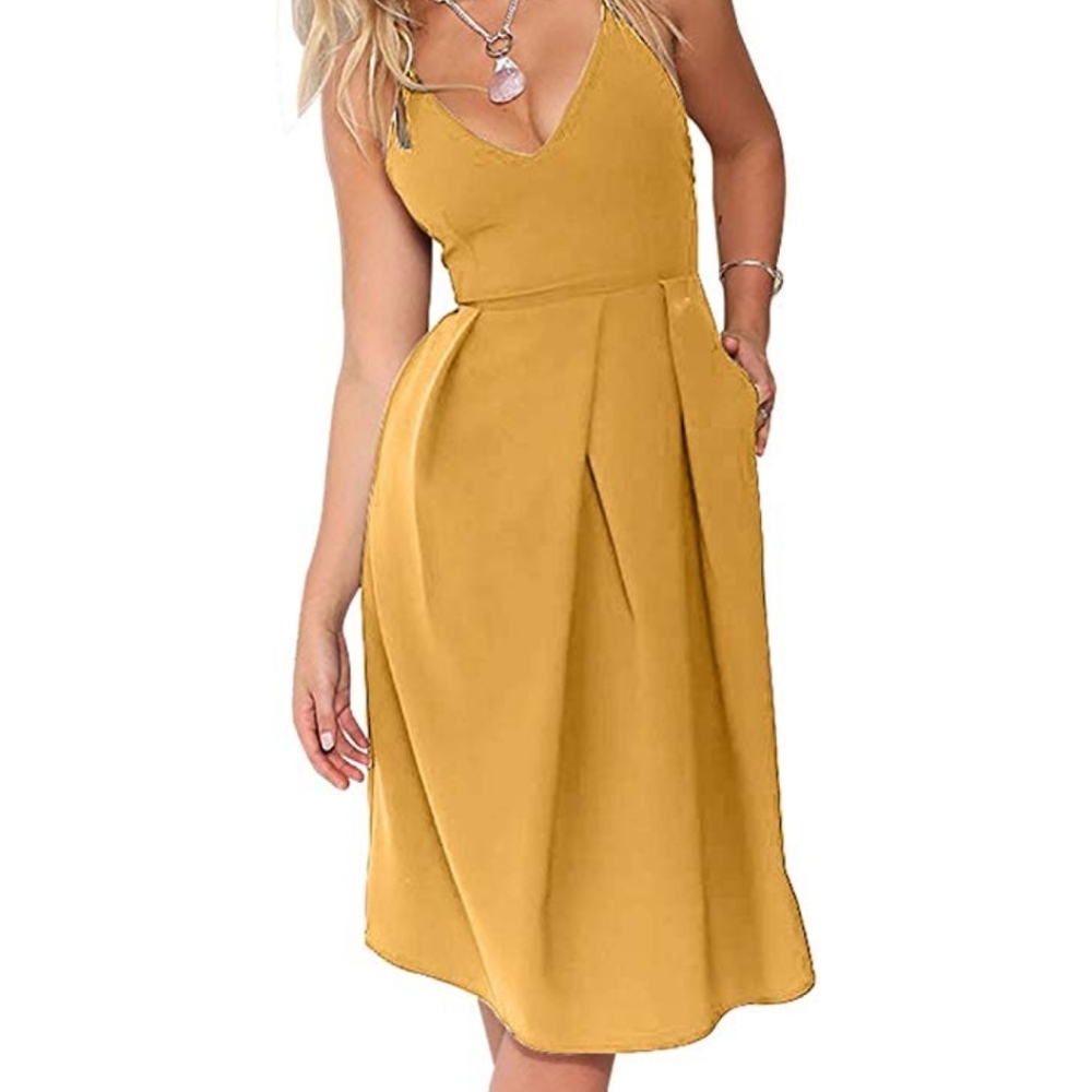 Deep V Neck Sexy Backless Cocktail Midi Sundress
